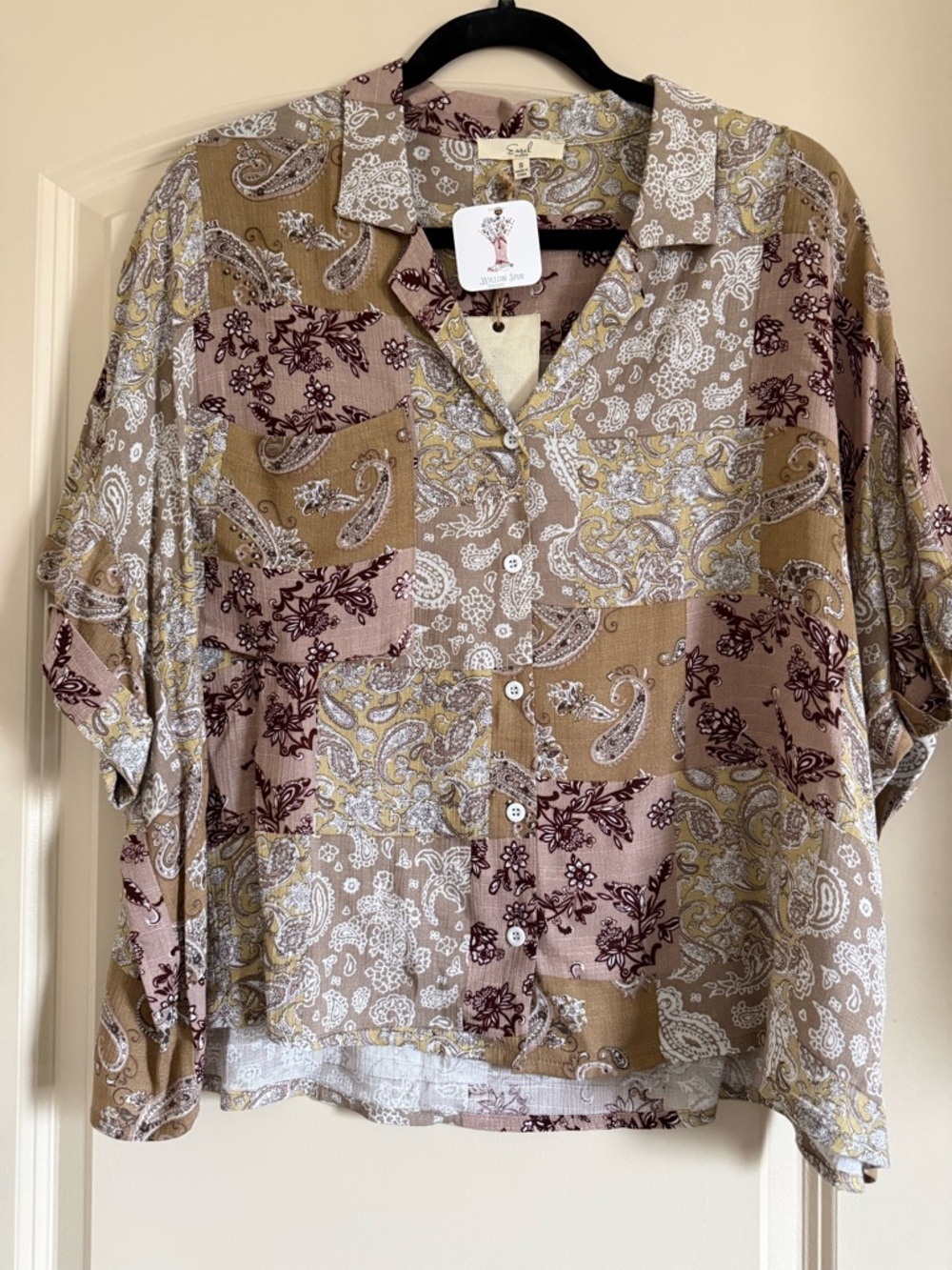 easel Patchwork Paisley Button-Front Blouse in Tan, Cream, Burgundy